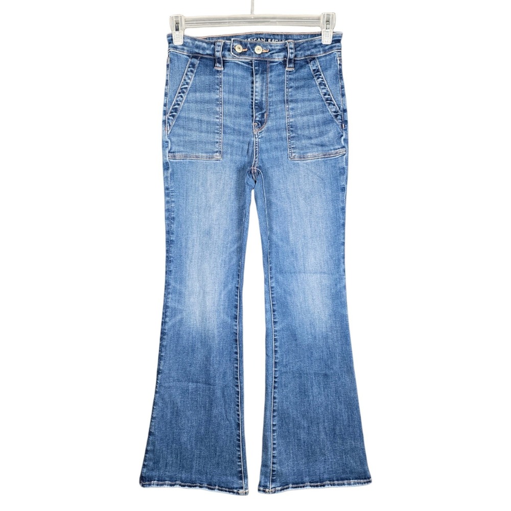 American Eagle Flare Jeans Women's 8 Super High-Rise Patch Pockets Stretch Boho